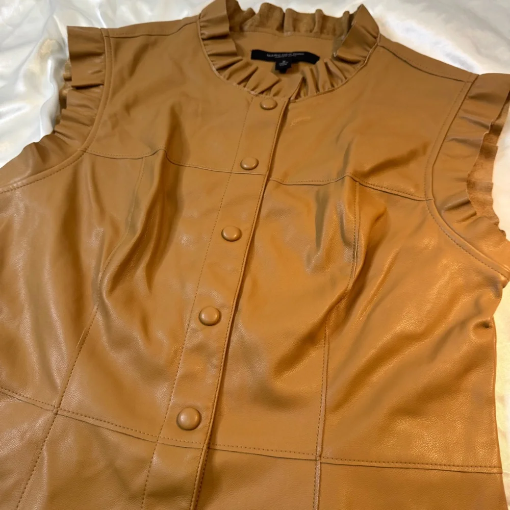 Women's Tan Faux Leather Button-Up ruffle Top - Picture 2 of 6